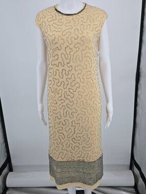 Distressed Vintage 1960s Banff Hong Kong Wool Beaded Fringe Shift Dress (S)